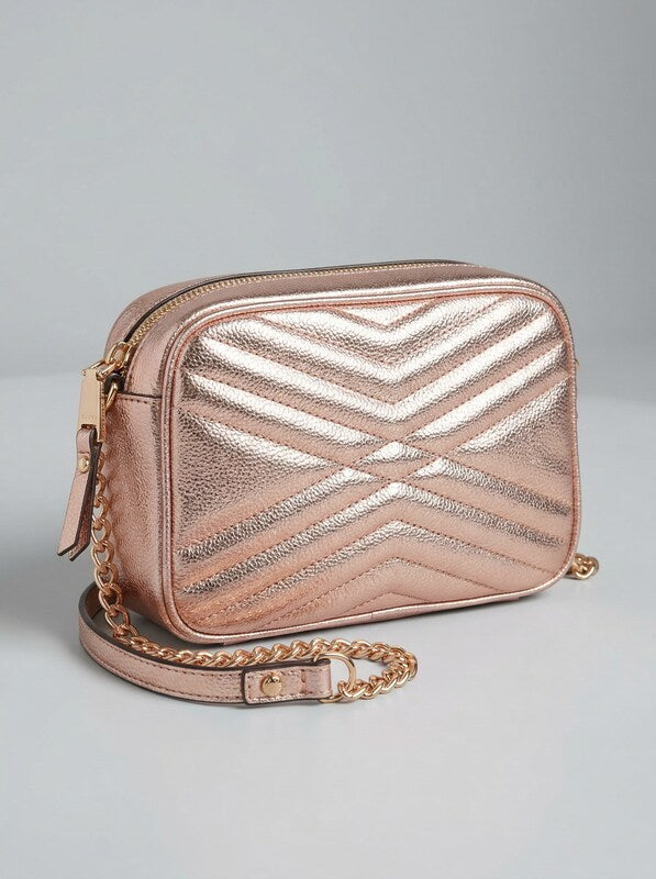 INC International Concepts I.N.C. Glam Metallic Quilted Camera Crossbody Pink
