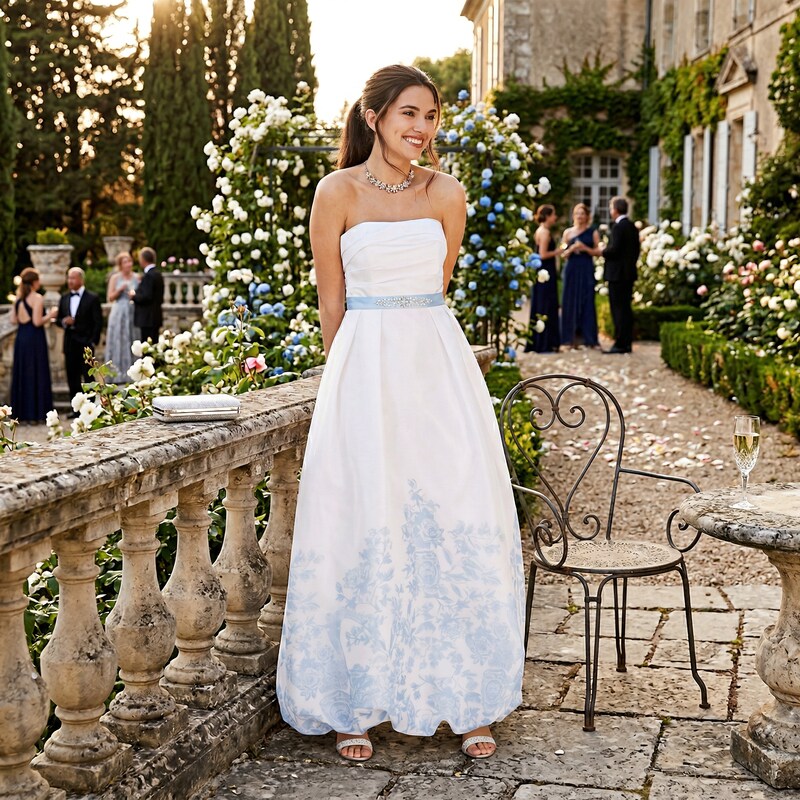 Teeze Me Juniors Strapless Floral-Hem Gown, Size 9-10/ White & Blue