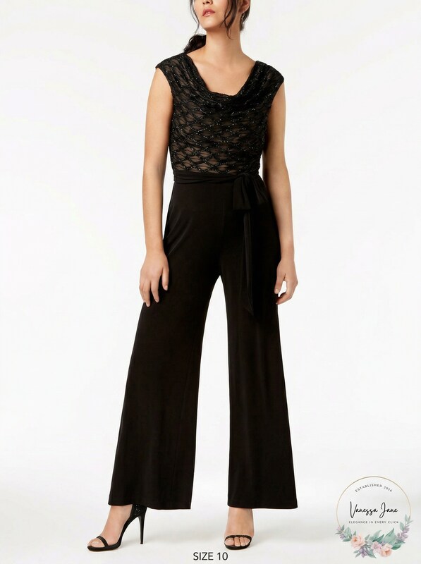 Connected Glitter Illusion Wide-Leg Jumpsuit, Size 10