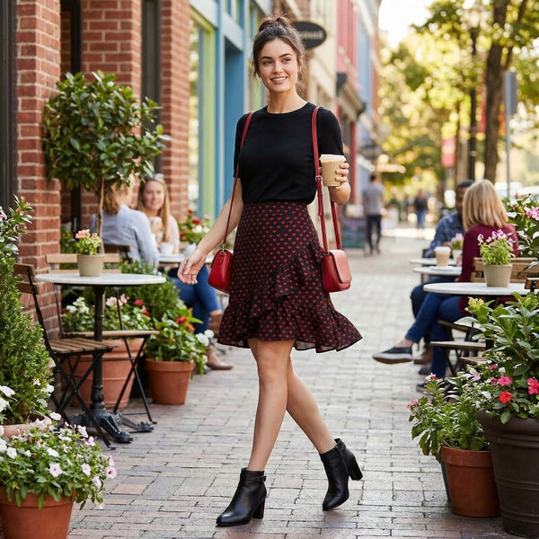 Maison Jules Women's Black Heart Print Knee Length Ruffled Skirt, Size Small