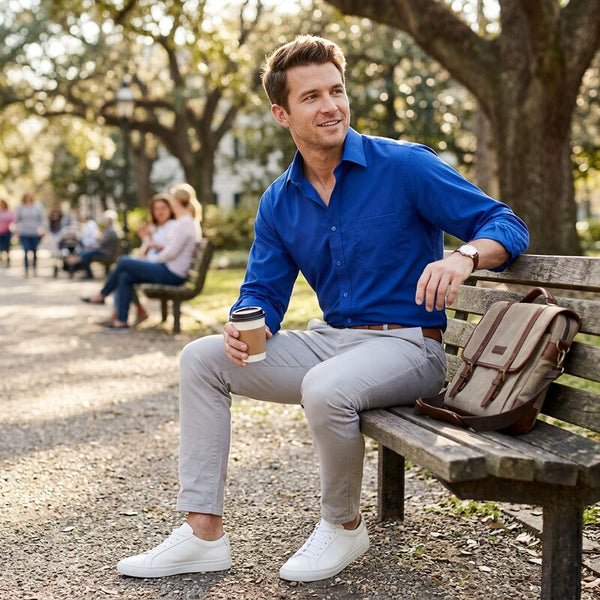 OCK Men's Long Sleeve Button Down Dress Shirt, Blue, Size L