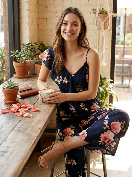 Aqua Asymmetric Floral Wide-Leg Jumpsuit, size Small