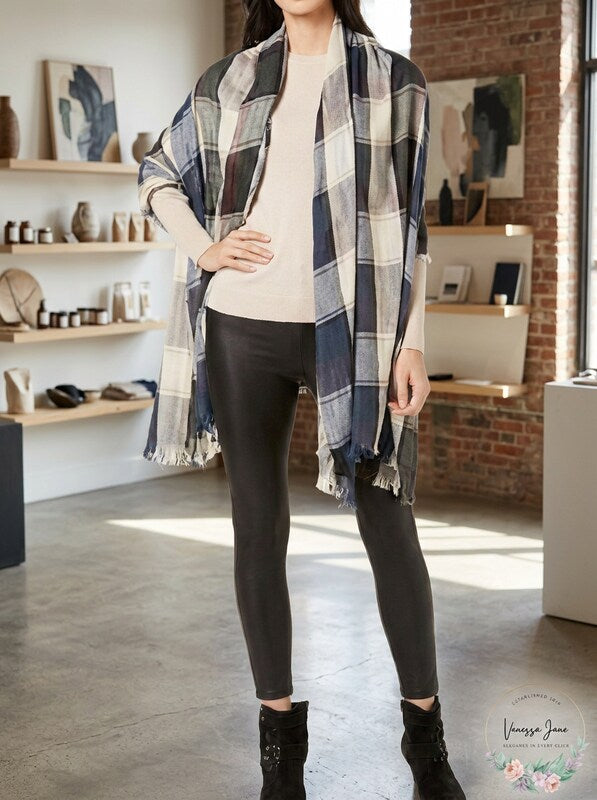 Steve Madden Check Made Plaid Travel Scarf and Wrap, OS/Navy