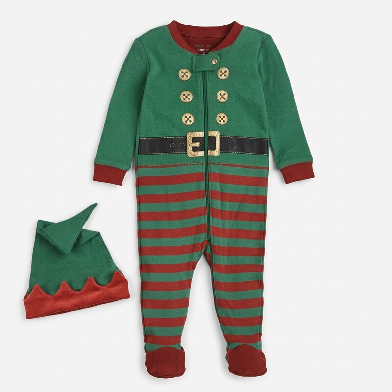 Petit Lem Boys Elf Sleeper Pajama and Hat Knit Christmas One Piece 12 Months 1yr