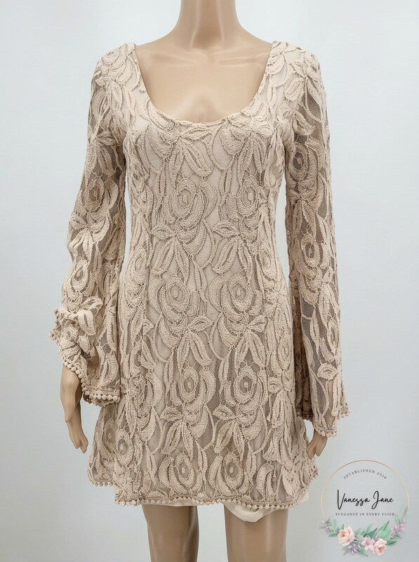Staring at Stone Bell Sleeve Boho Coffee in the Morning Lace Tunic, Size Medium
