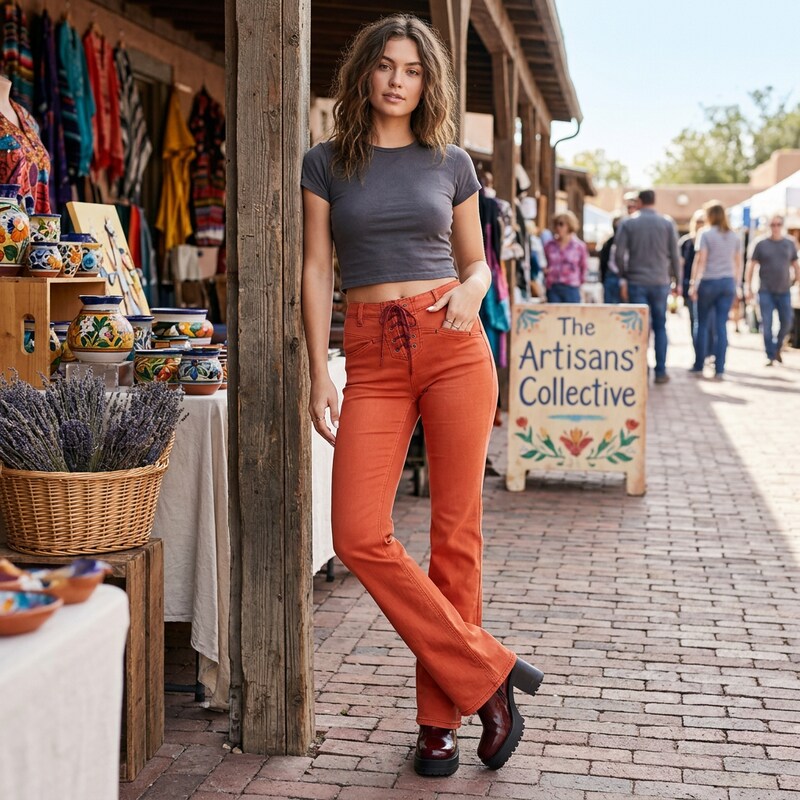 Free People Womens Orange Lace up Boot Cut Jeans, Size 26