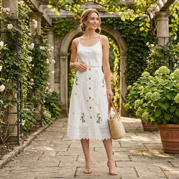 French Connection Embroidered Eyelet MIDI Skirt, Size 0 - White