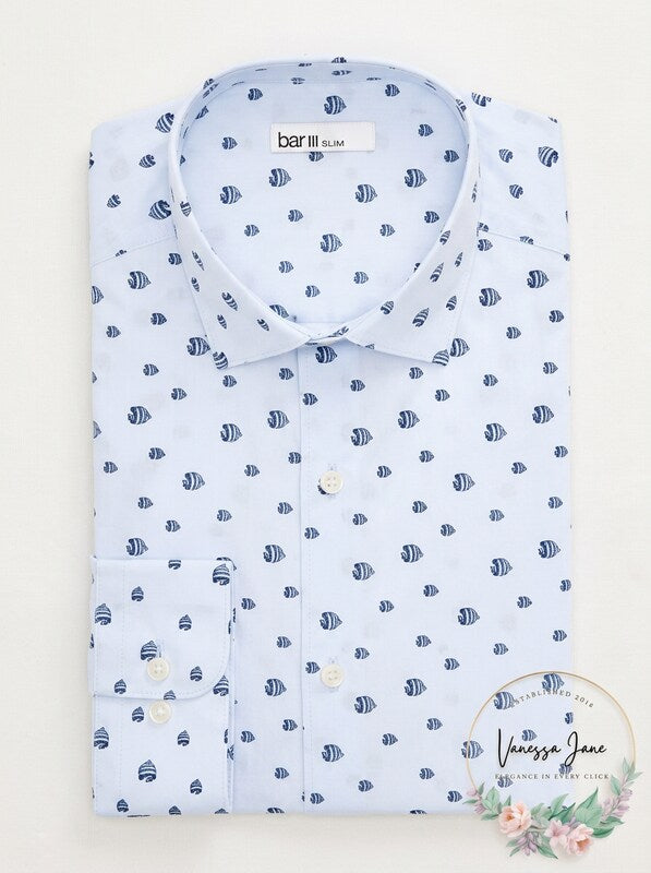 Bar III Dress Shirt Fish Print Slim Fit 17-17 1/2, Blue, Size XL Bar III Dress Shirt Fish Print Slim Fit 17-17 1/2, Blue, Size XL