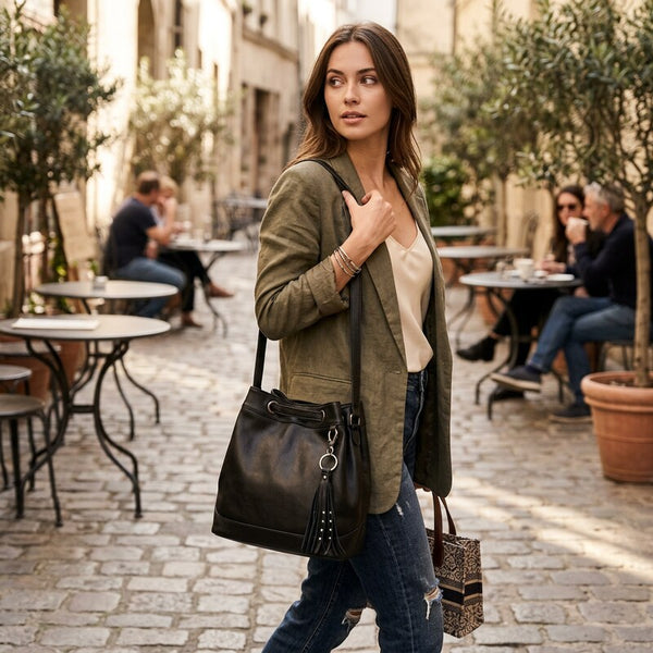 The Sak Castella Leather Boho Drawstring Bucket Bag