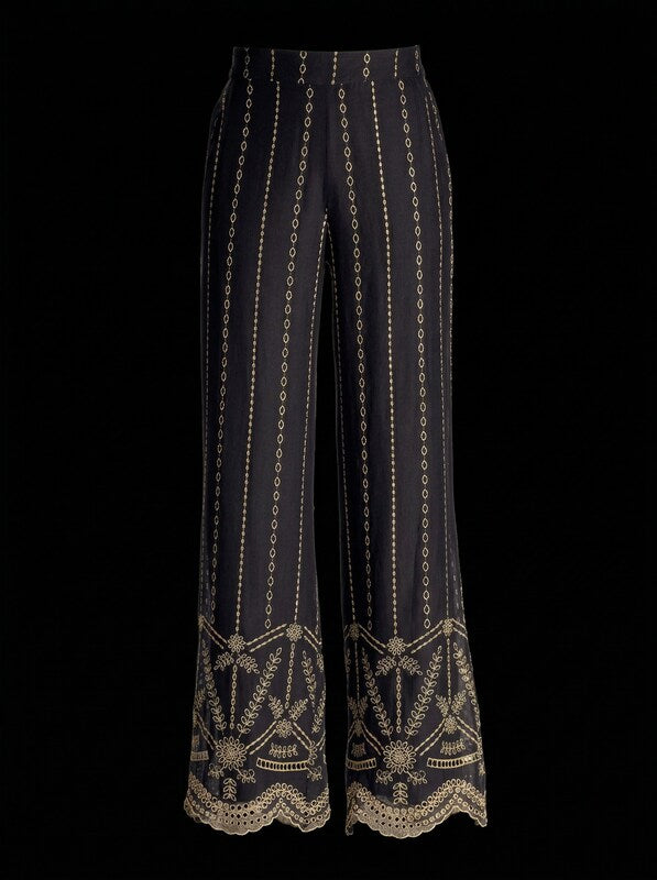 Boston Proper Malibu Metallic Eyelet Wide Leg Pant Black/Gold, Small