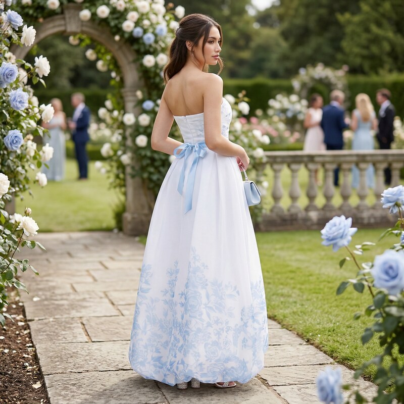 Teeze Me Juniors Strapless Floral-Hem Gown, Size 9-10/ White & Blue