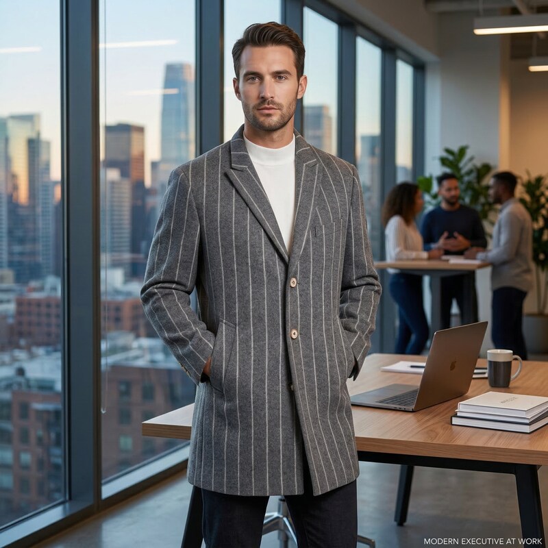 Tallia Orange Mens Slim-Fit Gray Chalk Stripe Overcoat, Medium