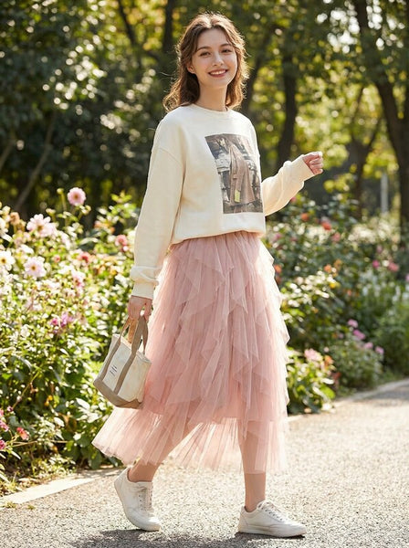 Tulle Skirts for Women Long Length Tutu Tiered Skirt A Line Mesh Elastic Waist , Small