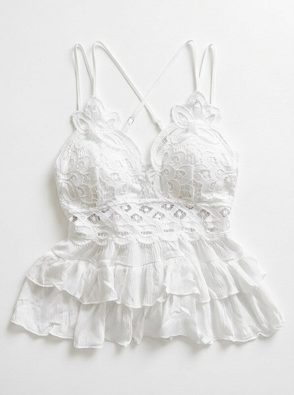 Moa Moa White Lace Ruffled Tank Top,Large