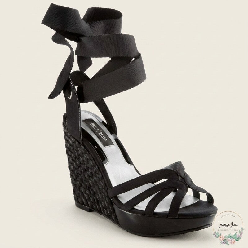 White House Black Market | Jenica Espadrille Black Lace-up Wedge Sandal Size 9
