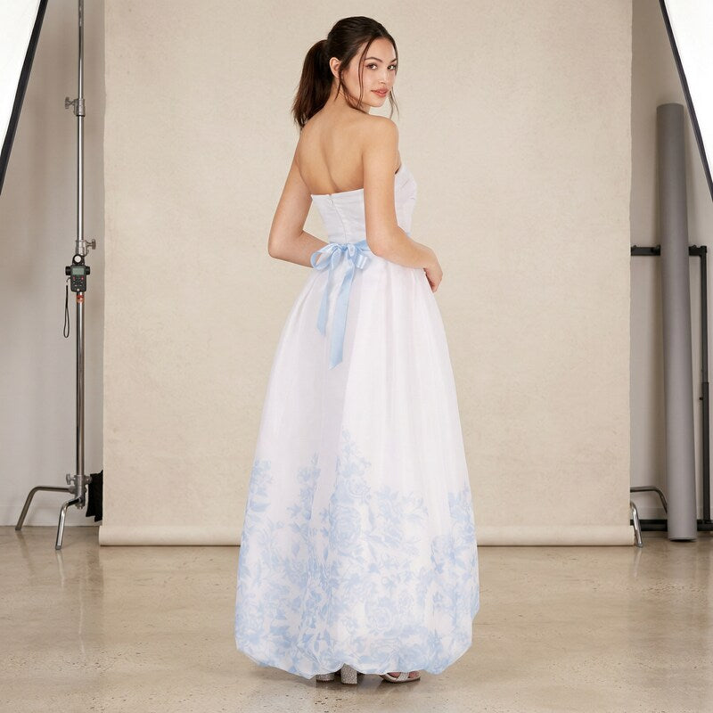 Teeze Me Juniors Strapless Floral-Hem Gown, Size 9-10/ White & Blue