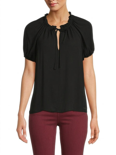 Elie Elie Tahari Womens Tie Neck Ruffle Top - Black - Size S
