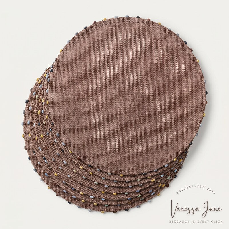 Destination Summer Lindos Round Placemat With Beaded Trim in Mocha (Pack of 6)