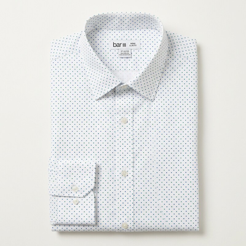 Bar III Mens Dot Print Button Down Dress Shirt, White, Size Large
