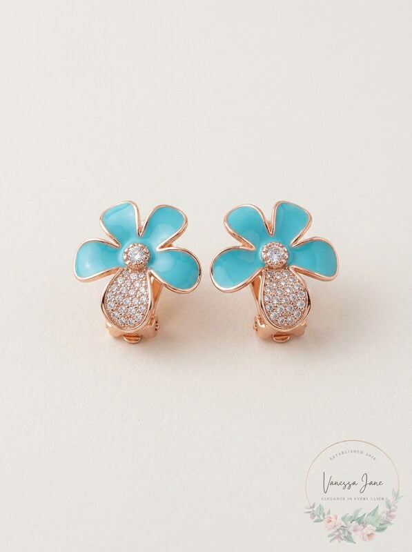 Vintage Turquoise Flower Silver Crystal Clip on Stud Earrings