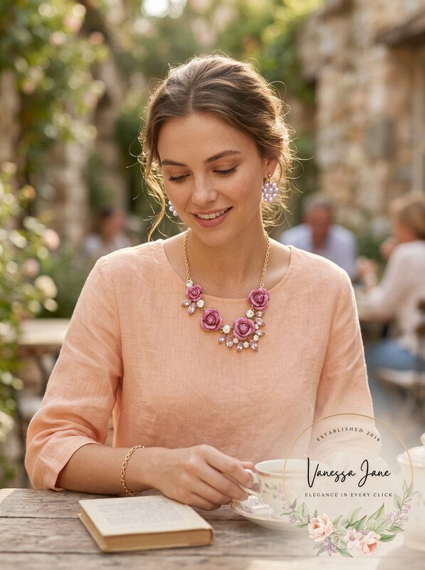 Betsey Johnson Gold-Tone Glitter Rose Frontal Necklace - Pink Multi