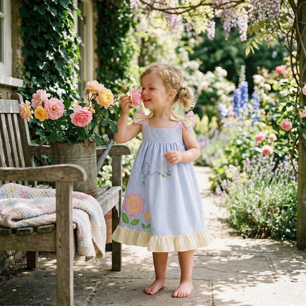 Blueberi Boulevard Baby Girls Gingham Bumblebee Sundress, Size 6-9Mo