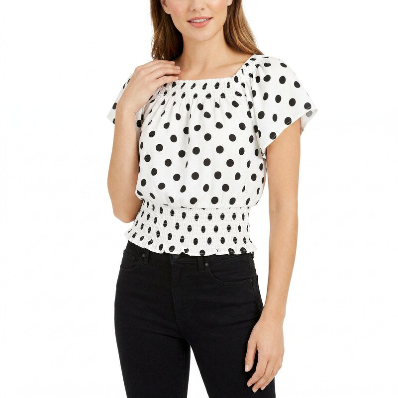 Inc Dot-Print Short-Sleeve Top, Size Medium