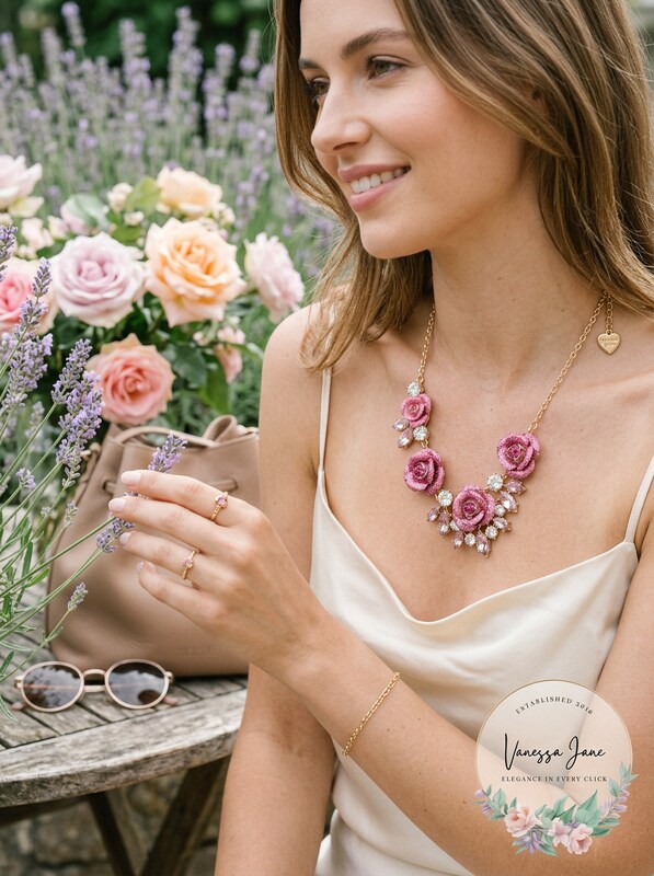 Betsey Johnson Gold-Tone Glitter Rose Frontal Necklace - Pink Multi