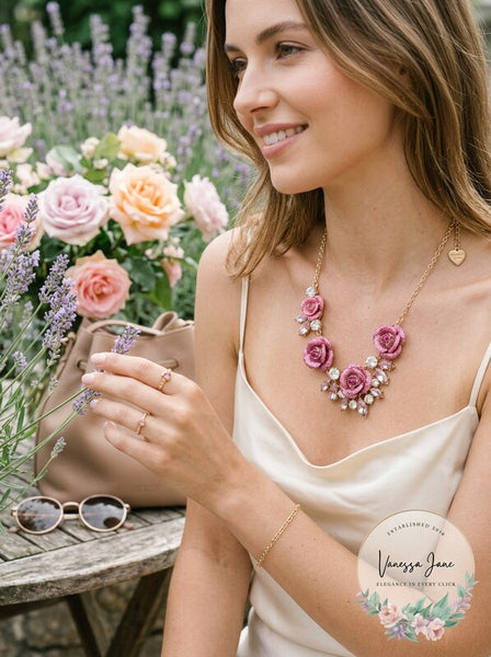Betsey Johnson Gold-Tone Glitter Rose Frontal Necklace - Pink Multi
