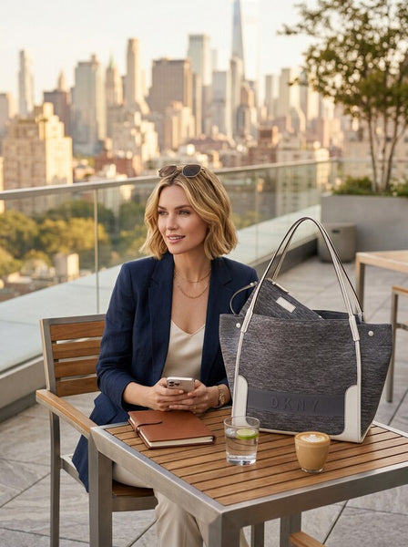 DKNY Gray Marled Ebony Knitted Large EW Top Handle Tote Handbag