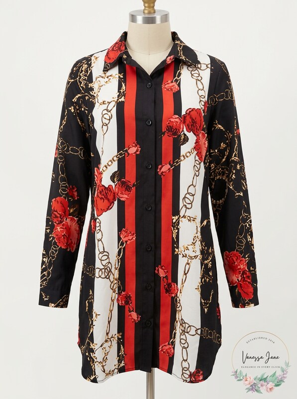 Bold Elements Women's Floral Printed Button up Shirtdress, Size Medium