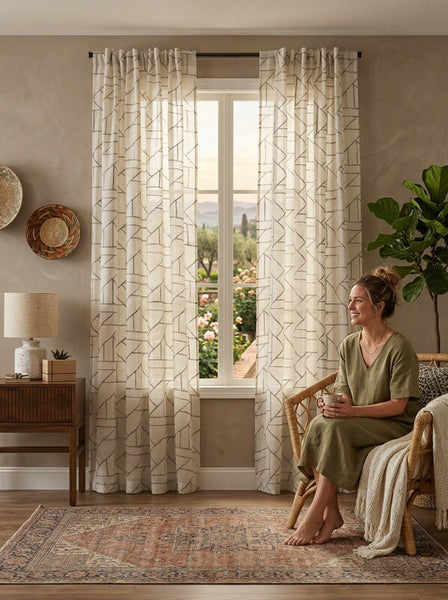Archaeo Jigsaw Embroidery Linen Blend Rod Pocket Curtain Panel, Grey, 50X95