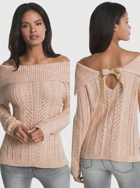White House Black Market Long Sleeve Velvet Bow Back Sweater Blush Pink Size L