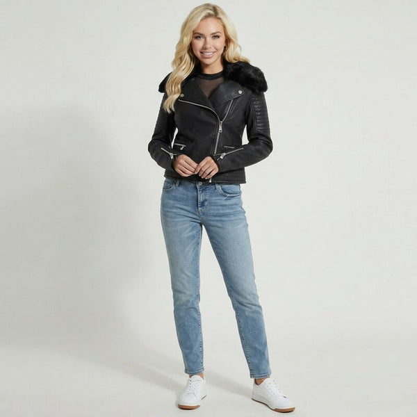 Guess Womens Black Faux Leather Motorcycle Jacket,Size XS