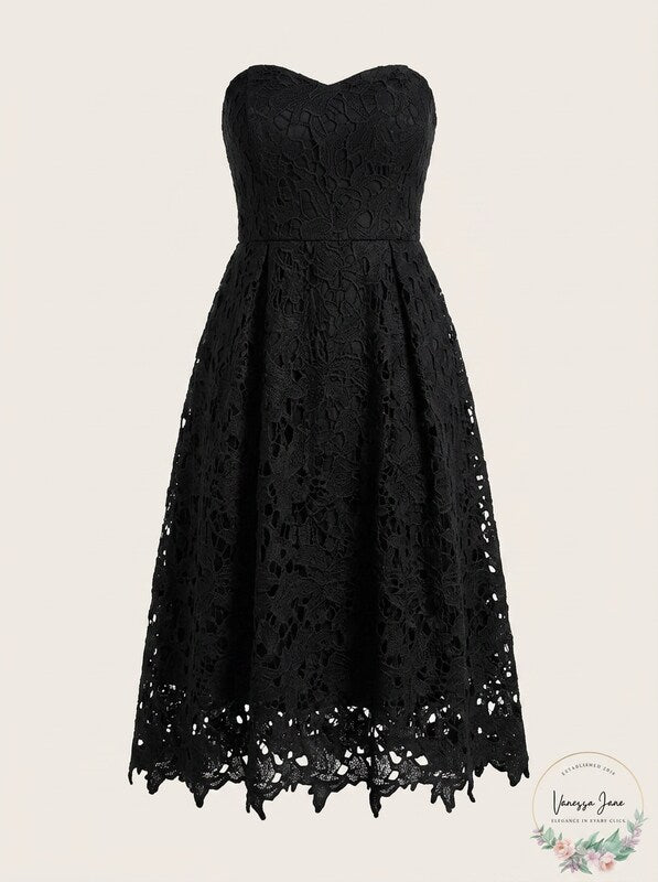 Alya Black Crochet strapless Midi Dress,Size Large