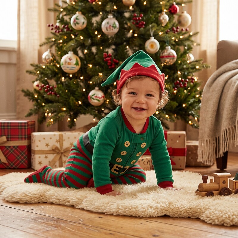 Petit Lem Boys Elf Sleeper Pajama and Hat Knit Christmas One Piece 12 Months 1yr