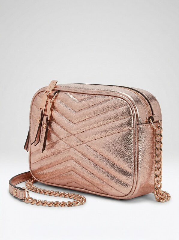 INC International Concepts I.N.C. Glam Metallic Quilted Camera Crossbody Pink