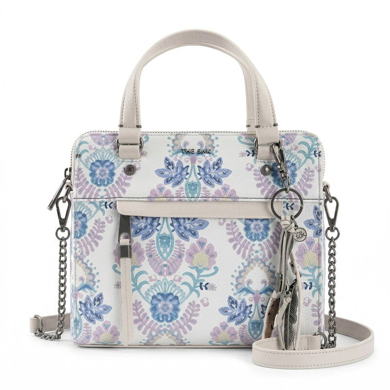 The Sak Alameda Satchel Crossbody Bag Stone Flowing Floral Leather Top Zip