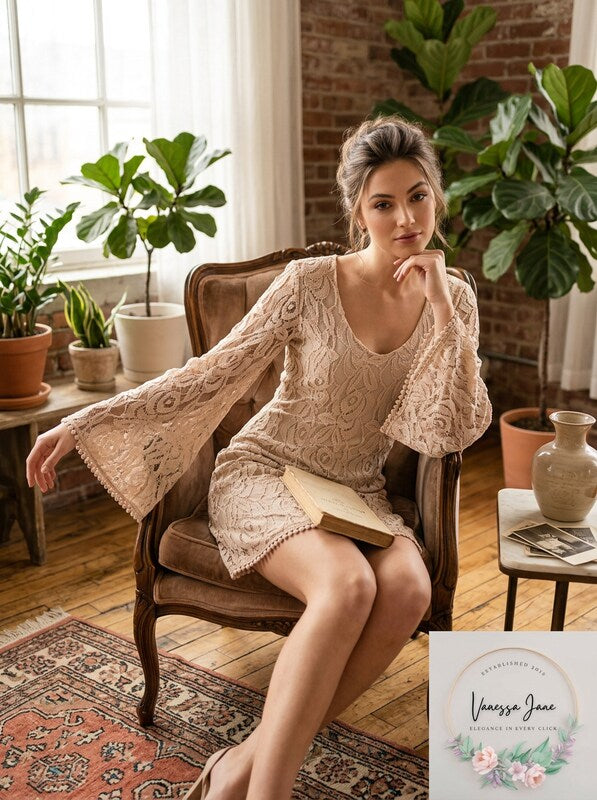 Staring at Stone Bell Sleeve Boho Coffee in the Morning Lace Tunic, Size Medium