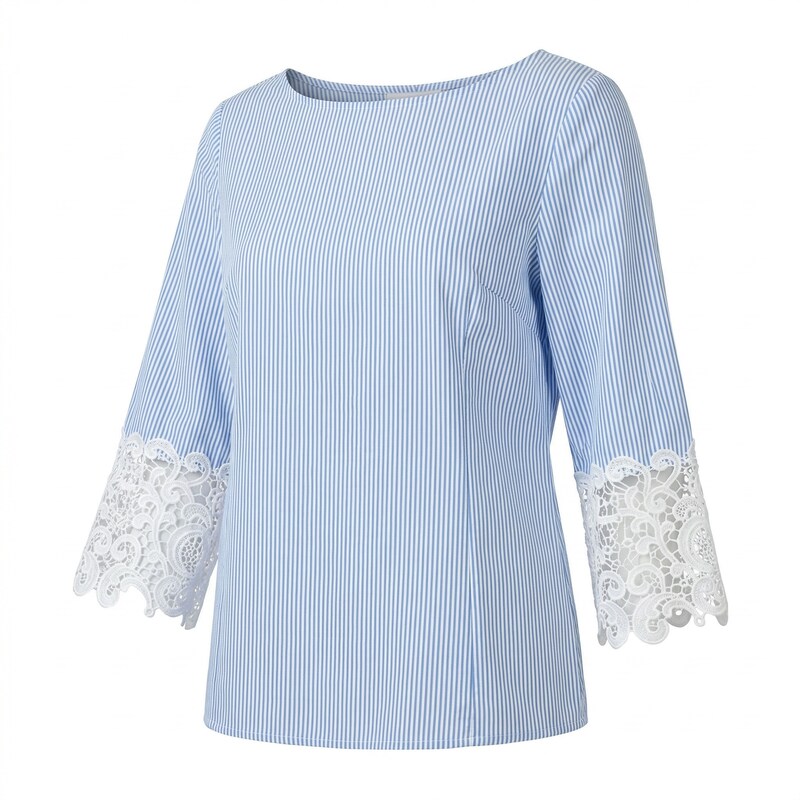Lace Bell Sleeves Blue White Striped Nautical Blouse Size Medium