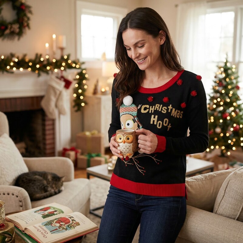 Blizzard Bay Womens Christmas Hoot Pullover Black, Size Large