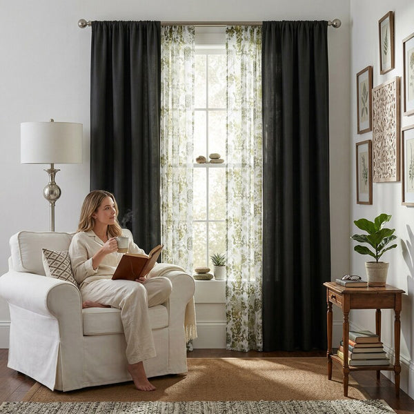 Marrakesh 4-Pack Rod Pocket Solid with Printed Voile Window Curtain Panels