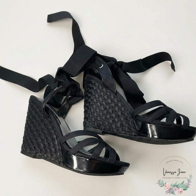 White House Black Market | Jenica Espadrille Black Lace-up Wedge Sandal Size 9