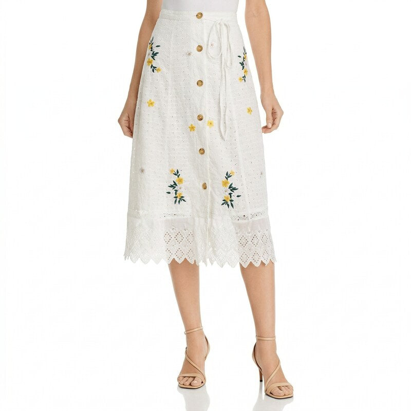 French Connection Embroidered Eyelet MIDI Skirt, Size 0 - White