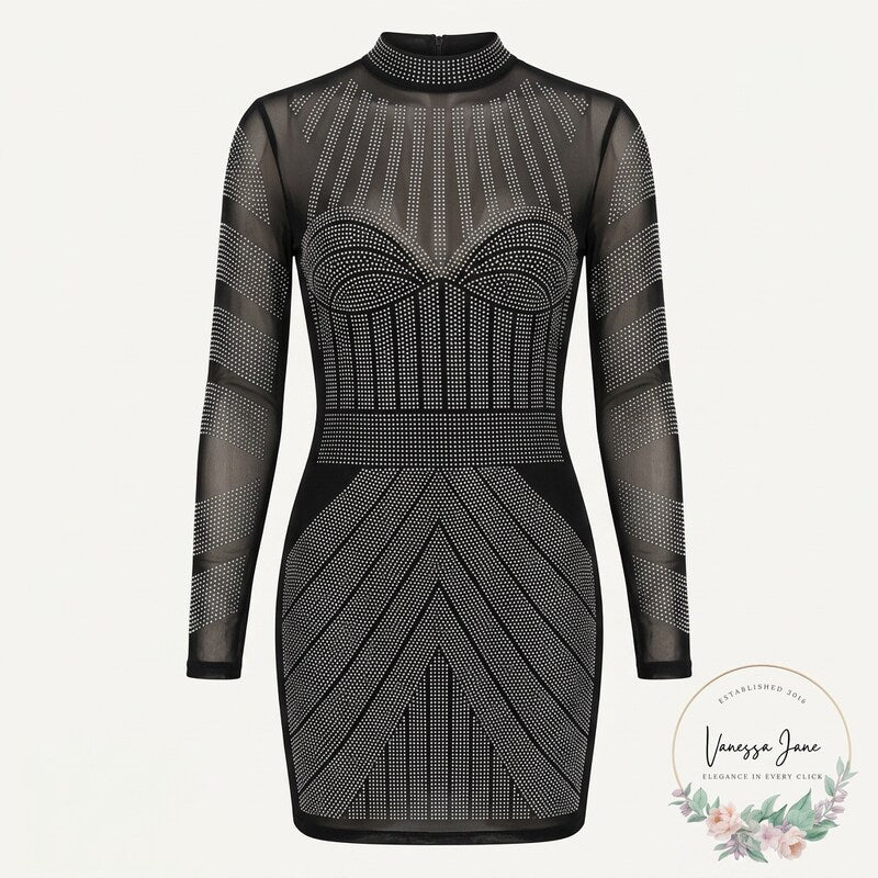 Fashion Nova Black Mesh Rhinestone Beaded Cocktail Mini Dress Size XL – Vanessa Jane