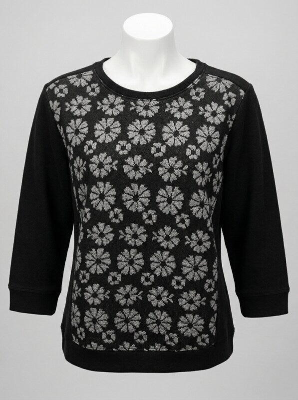 Ann Taylor flowers Black Striped Front French Terry Pullover Sweatshirt Medium