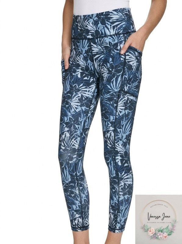 DKNY Sport Tropics Printed Yoga High Waisted Leggings, Blue, Women’s Small