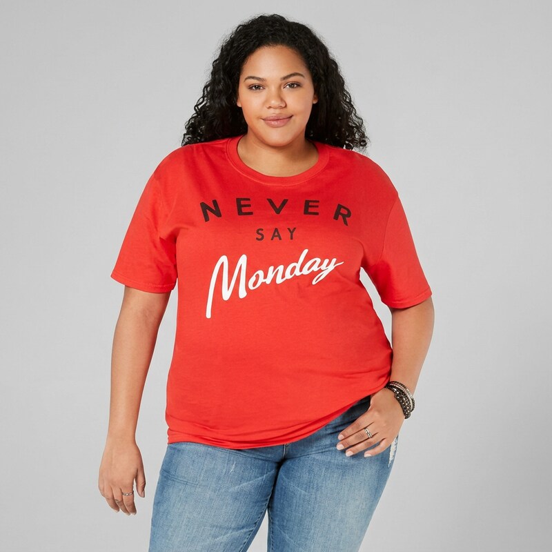 Love Tribe Plus Size Cotton Never Say Monday T-Shirt, Size 1X