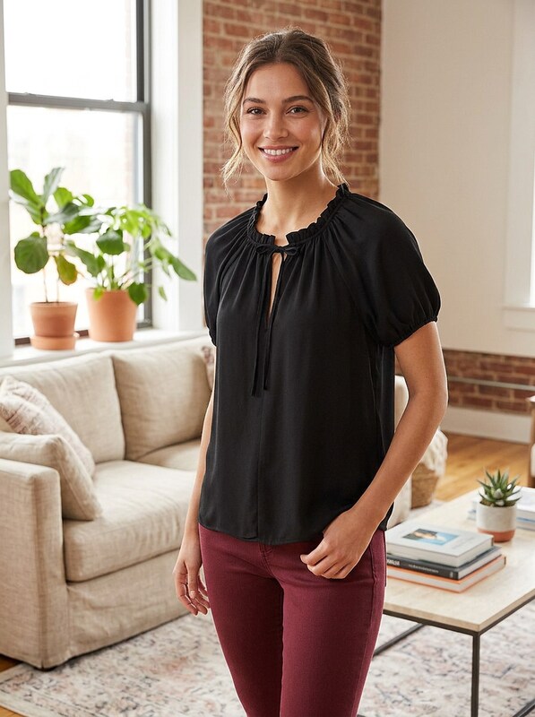 Elie Elie Tahari Womens Tie Neck Ruffle Top - Black - Size S