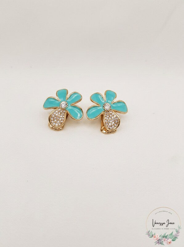 Vintage Turquoise Flower Silver Crystal Clip on Stud Earrings